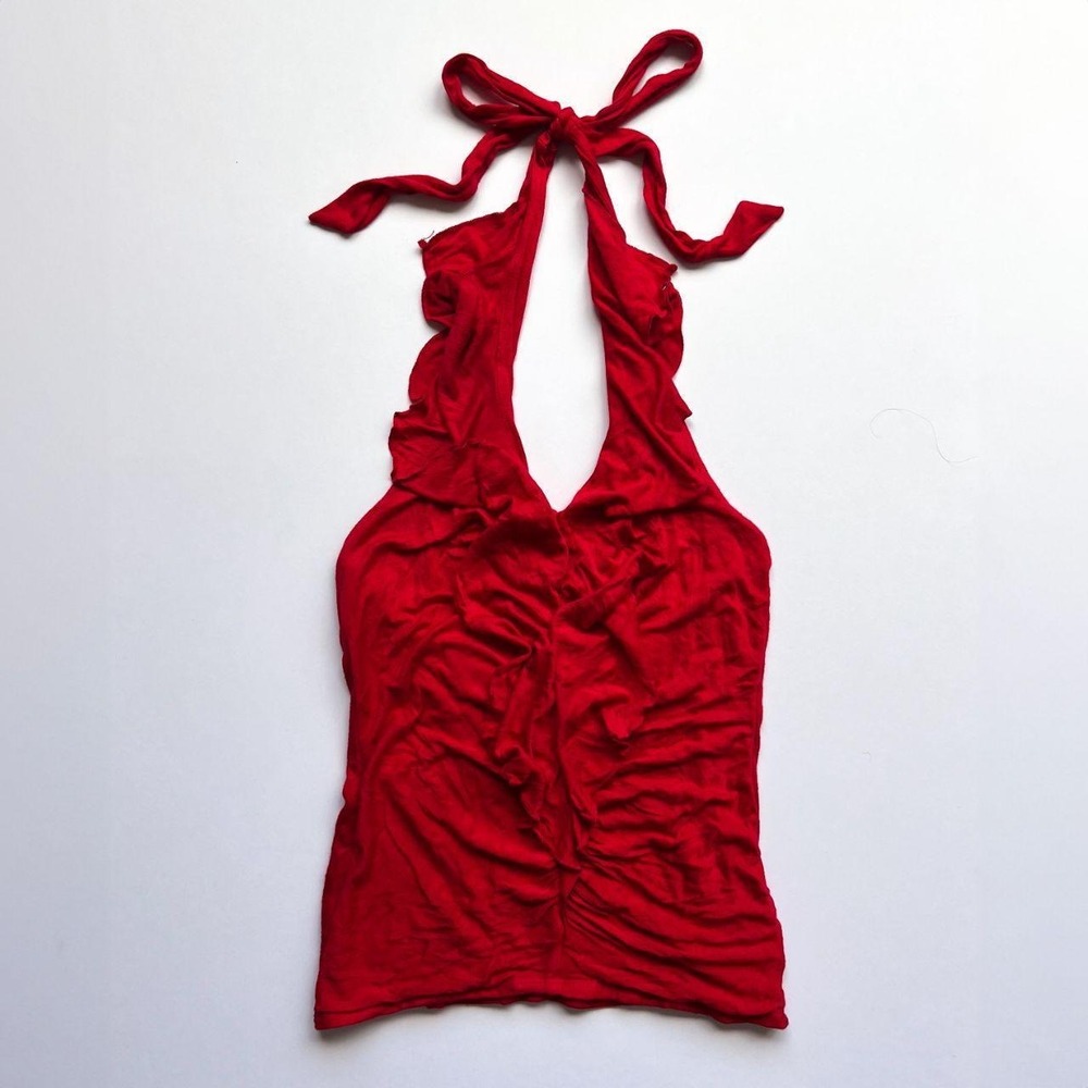 Cache Y2K Red Ruffle Halter Top